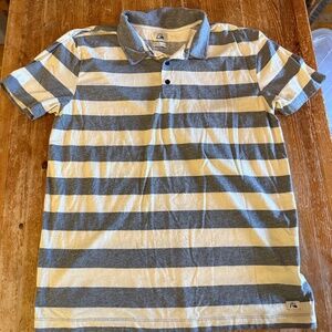Quiksilver Grey & White Wide-Stripe Polo – Size L – Cotton/Poly Blend